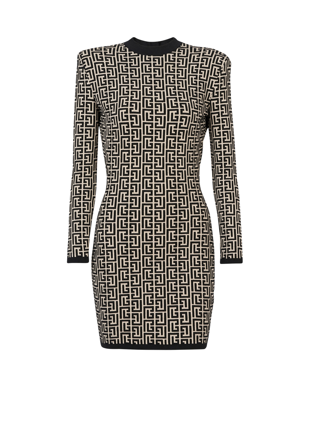 Short bicolor jacquard dress with Balmain monogram, black, hi-res