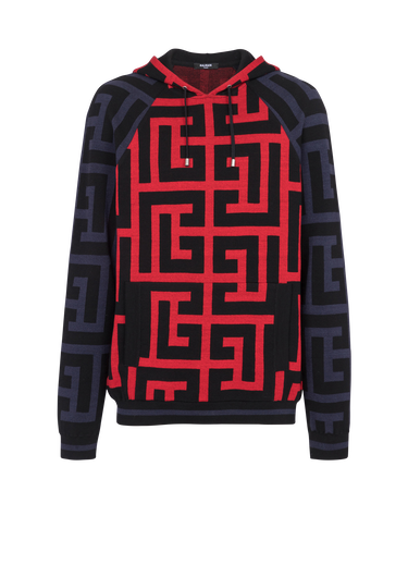 Hooded wool sweatshirt with maxi Balmain monogram print