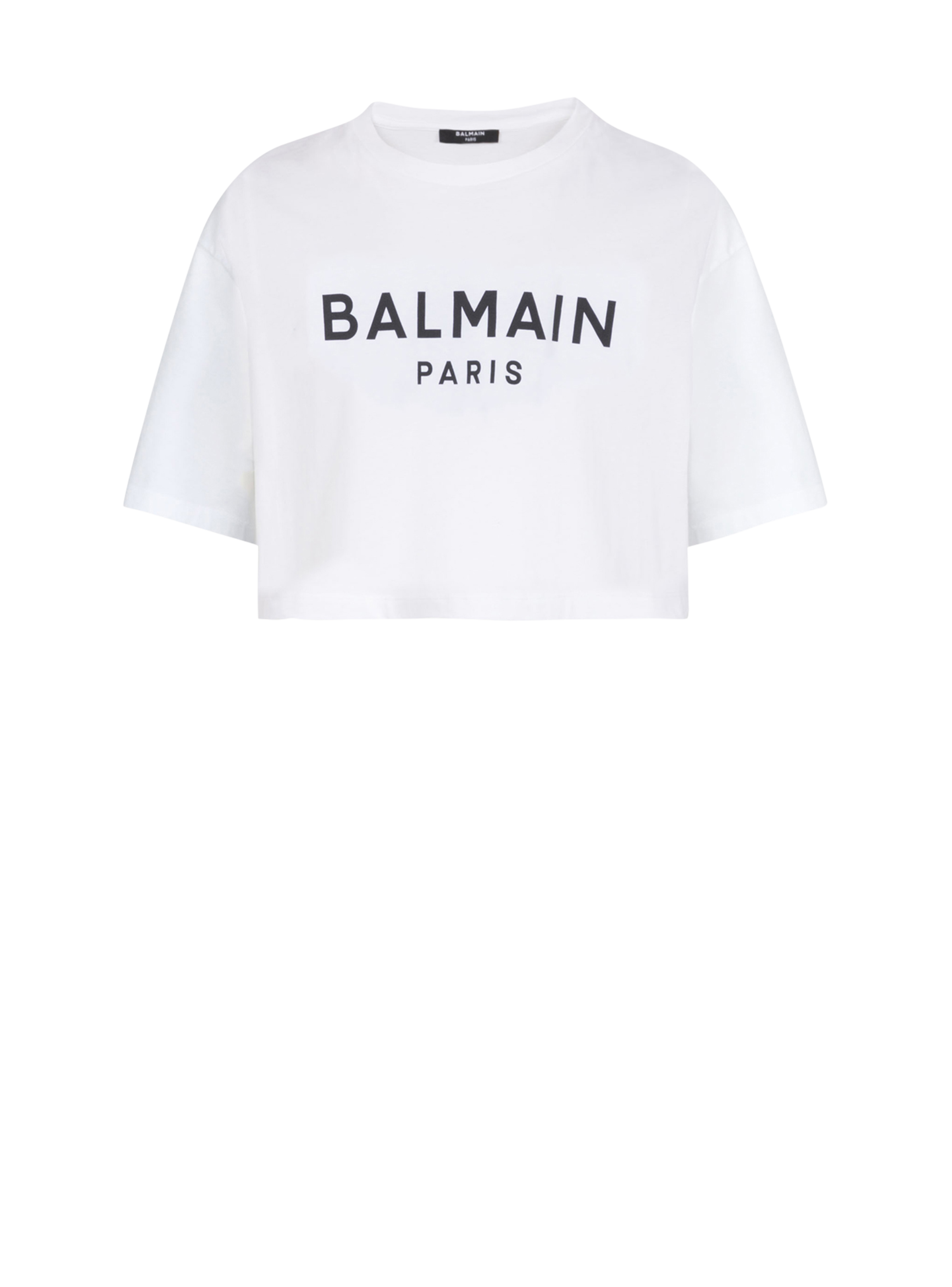 Cropped eco-designed cotton T-shirt with Balmain logo print, white