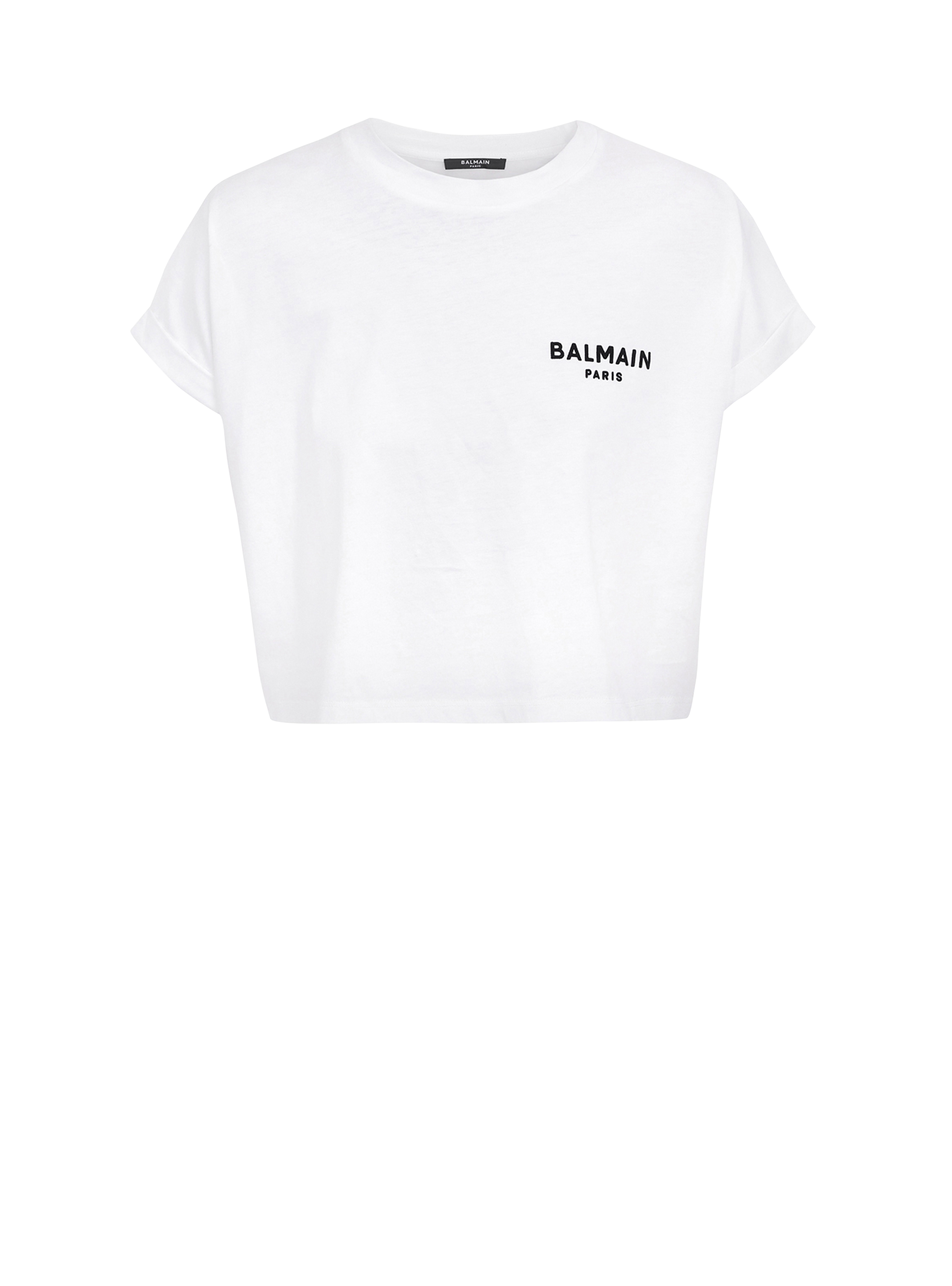 Cropped eco-designed cotton T-shirt with small flocked Balmain logo, white