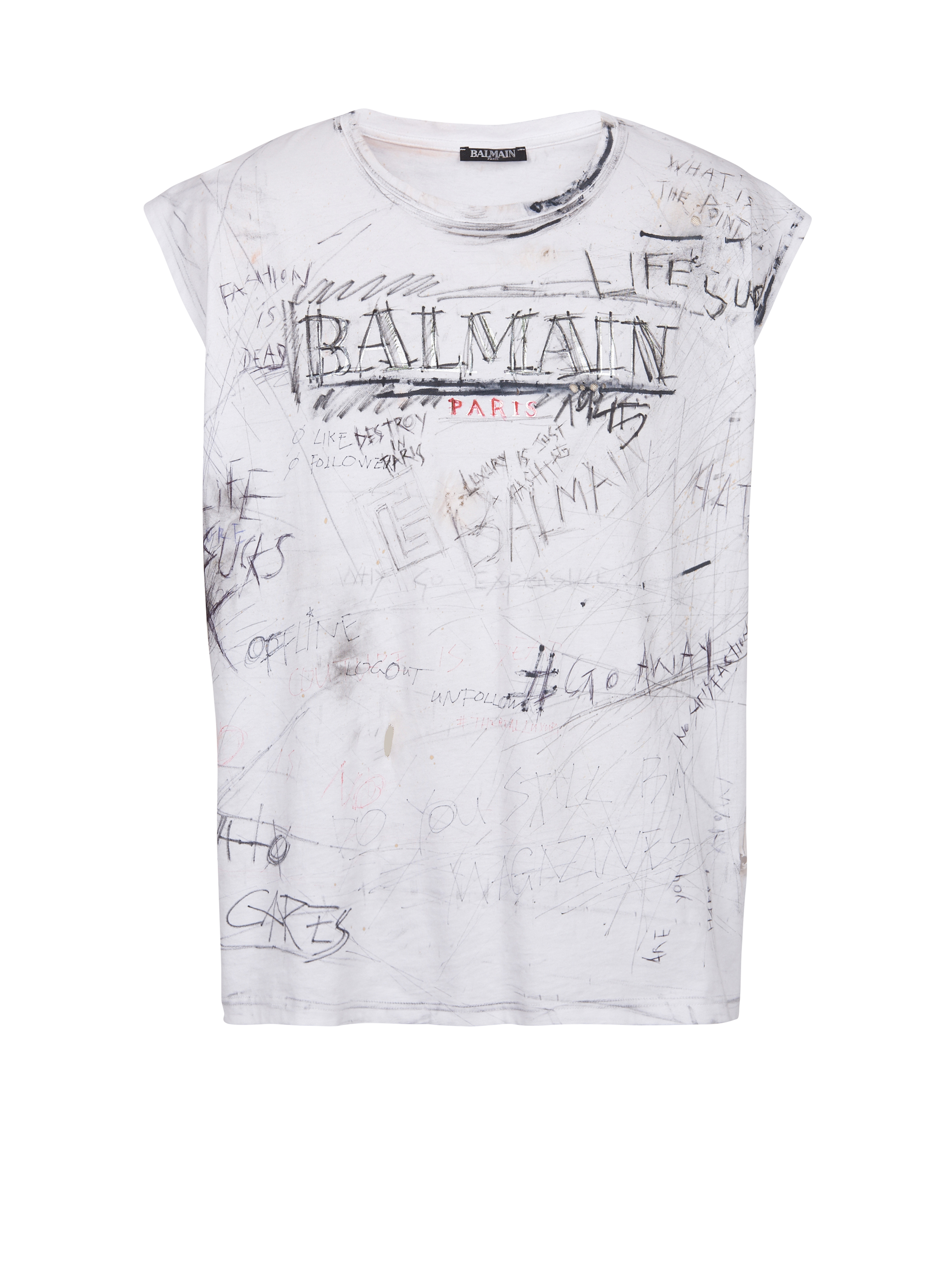 Unisex - Vintage T-shirt with Balmain logo print graffiti, white