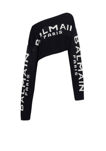Cropped knit sweater with graffiti Balmain logo print