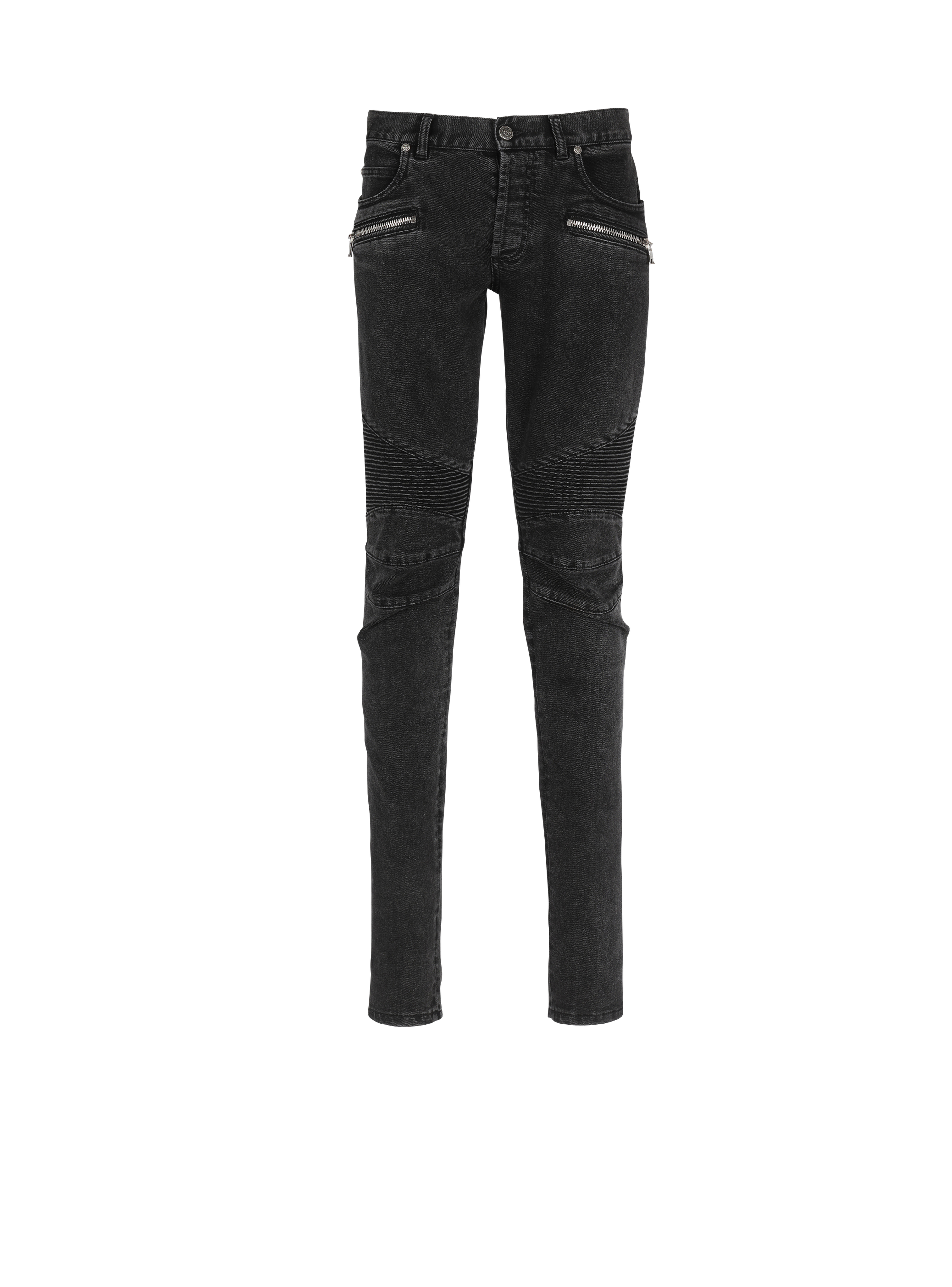Slim cut ridged faded cotton jeans with Balmain monogram hem, black