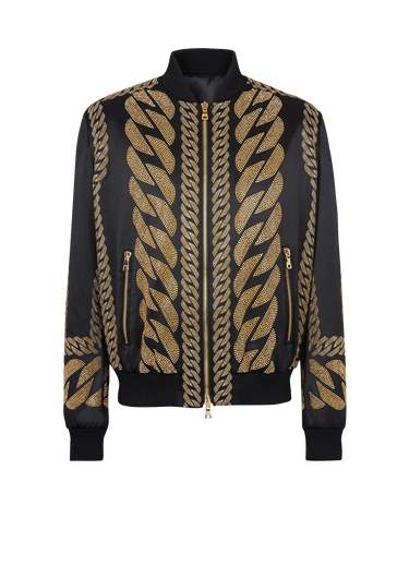 Silk bomber jacket with chain embroidery